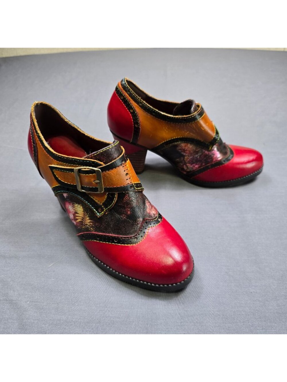 NEW Crazycat Size 36 Heeled Leather Oxford Pumps Shoes Floral Vintage Block Heel